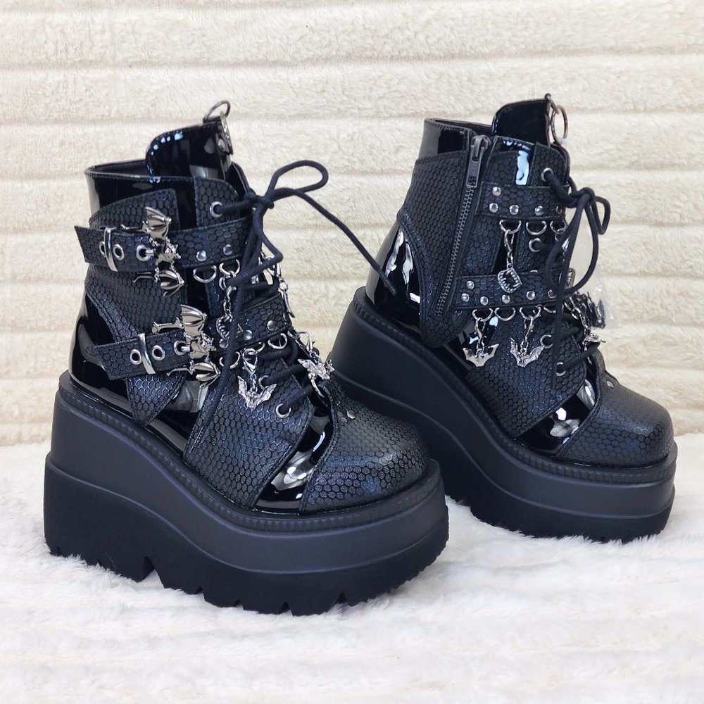 Shaker 66 Bat & Fang Charm Black Goth Punk Platform Ankle Boots